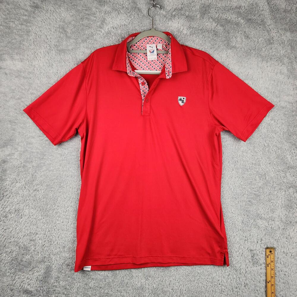 Puma Volition America Polo Shirt Mens Medium Red Golf Performance USA Flag Logo